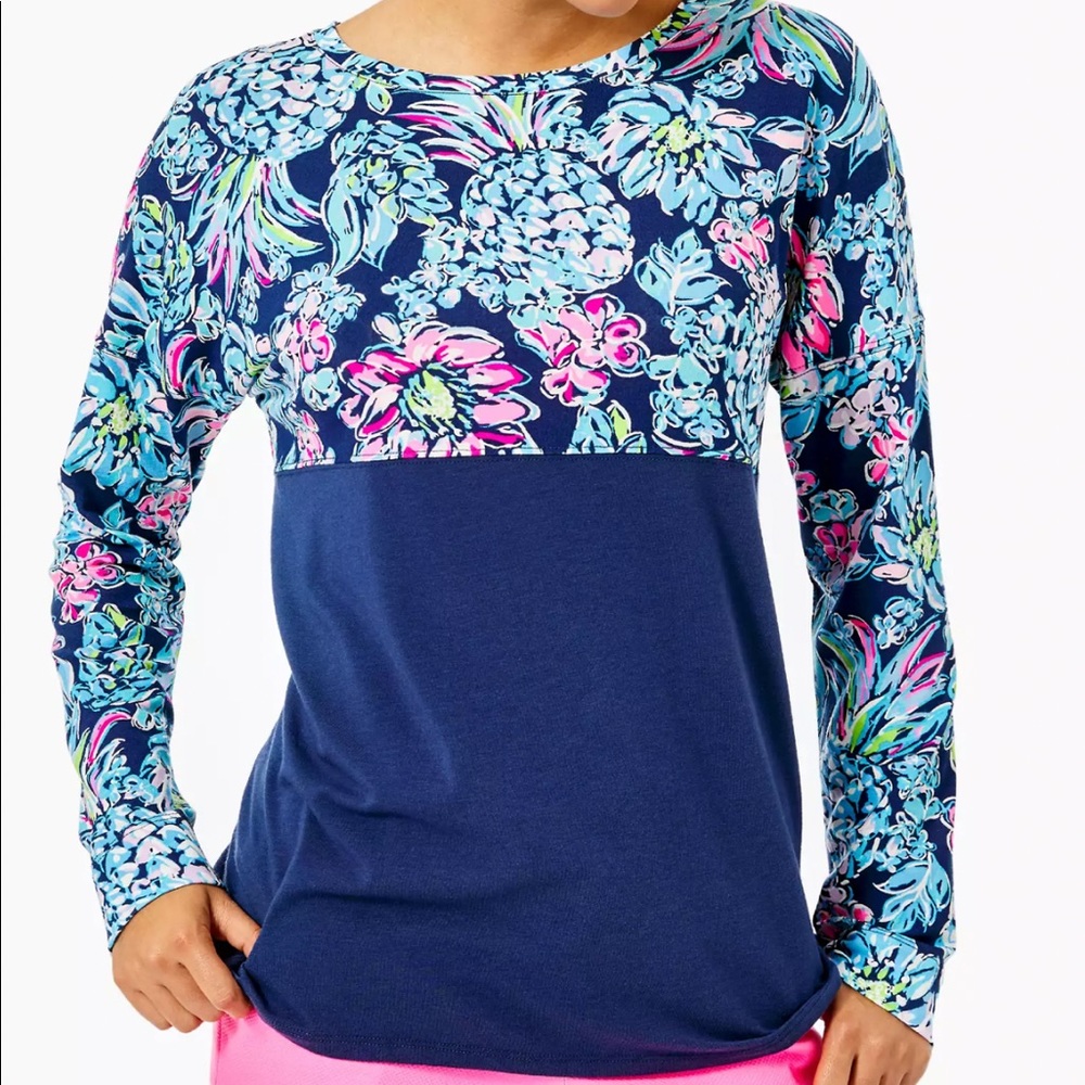 Lilly Pulitzer Navy Floral Colorblock Long-Sleeve Top - EUC